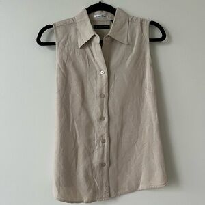 Goodclothes Vintage 90s Linen Blend Button Up Collared Sleeveless Top -Tan Beige